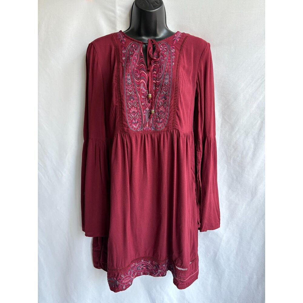 Knox Rose Red Embroidered Shift Dress Size XS Split Sleeve Ethnic Boho Bohemian